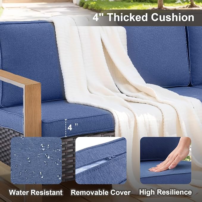 Belord 6 Piece Outdoor Patio Furniture Set with Propane Fire Pit Table, Wicker Patio Conversation Set with2 Patio Wicker Chairs Rattan Sofa and Removable 4" Thick Cushions for Deck Backyard