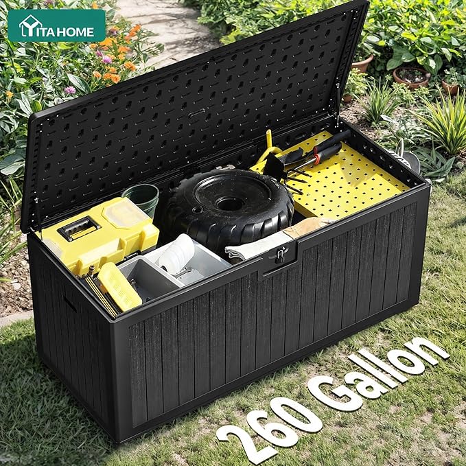 YITAHOME 260 Gallon Double-Wall Deck Box with Divider & Side Handles, Outdoor Large Storage for Patio Furniture Cushions, Garden Pool Accessories, Water Resistant & Lockable