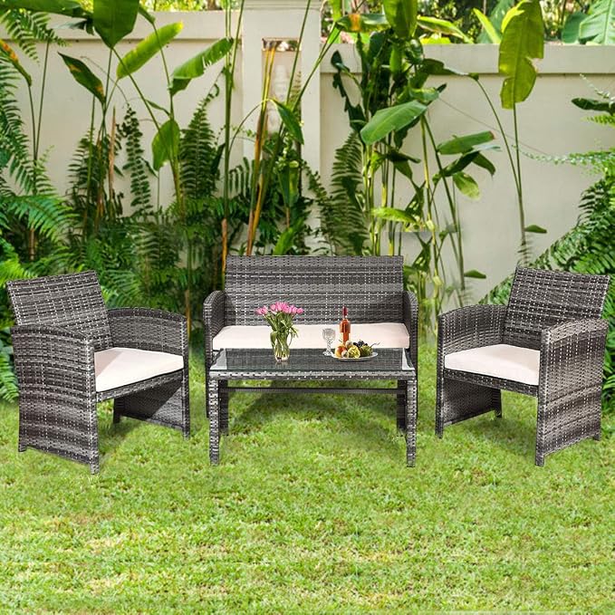 Goplus Rattan Patio Furniture Set 4 Pieces, Outdoor Wicker Conversation Sofa and Table Set with Soft Cushions & Tempered Glass Coffee Table for Balcony Garden Backyard (Beige(Mixed Color Wicker))