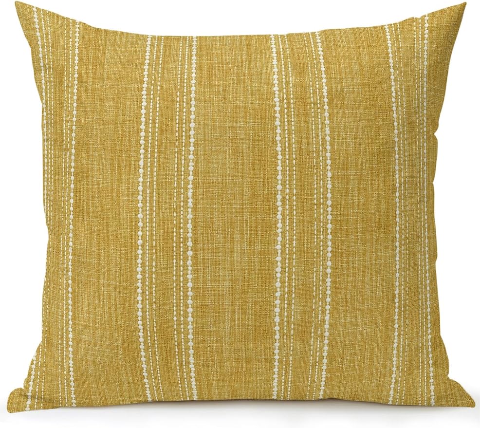 Waterproof Outdoor Pillow 1 Pack Yellow Linen Stripes Decorative Throw Pillows Cover & Insert 18x18 Inch Pillowcase Parallel Vertical Lines Pillows for Couch Sofa Bed Patio Furniture Indoor Outdoor