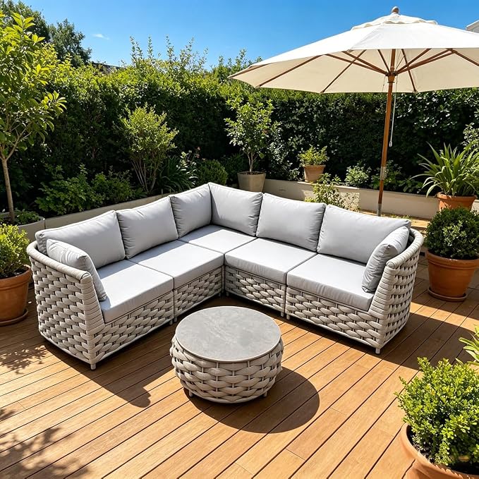 TWT 6-Piece Modular Outdoor Sectional Sofa Set, 5-Seater Woven Rope Patio Conversation Set with Coffee Table, Water-Resistant Cushions, for Backyard Balcony Deck,Khaki Gray