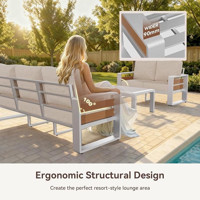 Aoxun Aluminum Patio Furniture Set, 5 Seats Luxury Metal Patio Conversation Sets with Coffee Table, 6'' Thick Cushions and 3-Seat Sofa, Sectional Outdoor Furniture Set for Backyard/Poolside, Beige