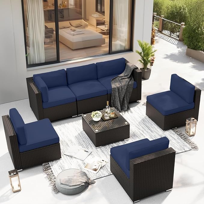 7 Piece Outdoor Sectional Sofa Patio Furniture Set Wicker with Cushions and Coffee Table, Outdoor Conversation Set for Backyard Garden Deck Lounge(Blue)