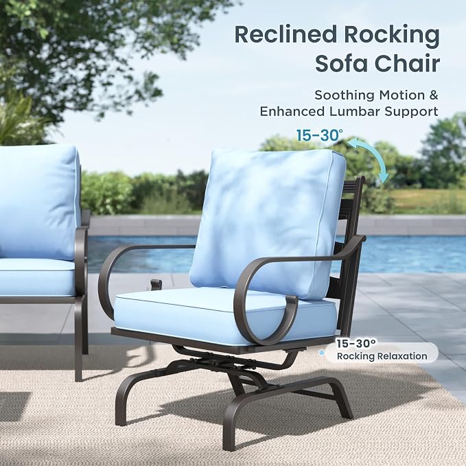 PHI VILLA Patio Furniture Set, a Loveseat, 3-Seater Sofa, 2 Rocking Chairs and a Coffee Table, Outdoor Metal Conversation Set with 5.75" Extra Thick Cushion for Garden Backyard Deck, Blue