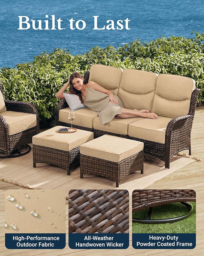 HILLGA Luxury High Back Patio Furniture Set with 6-Inch Thick Cushion, 6-Piece Outdoor Conversation Set with Sofa, Swivel Rocker Chairs & Ottomans, Ideal for Porch Pool Deck Yard (Beige)