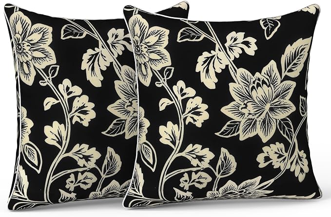 LVTXIII Outdoor Throw Pillows 20x20 Patio Waterproof Square Pillows with Piping Fade Resistant Accent Pillow for Spring Summer Garden Decoration, Set of 2, Elegant Vines Black