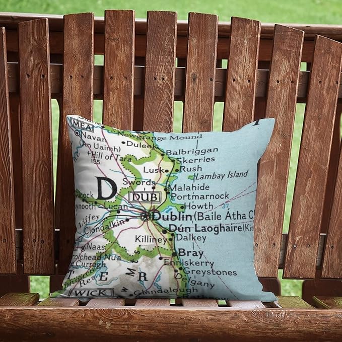 Dublin Ireland Map Outdoor Throw Pillow Covers Waterproof 18x18in Travel Map Accent Cushion Cases Abstract Outdoor Garden Decoration for Patio Furniture Tent Garden