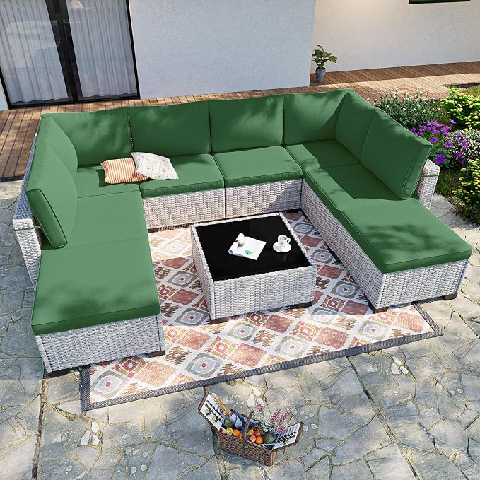 9-Piece Patio Furniture Set, Outdoor with Ottomans, Modular Patio Sofa, Dual-Strand Wicker Rattan, Rust-Resistant Frame, Backyard Furniture for Garden, Deck, Dark Green