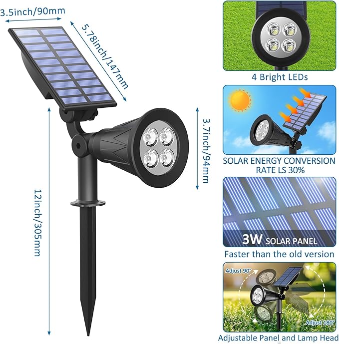 T-SUNUS Blue Solar Spotlights Outdoor 2 Pack, 200LM Landscape Lighting Waterproof IP65, Adjustable Spot Lights Auto On/Off 2 Modes for Yard Garden Tree Halloween Christmas Decoration Pond Flag Pool