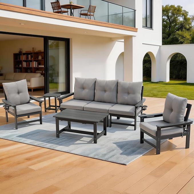 HDPE 7 Piece Patio Furniture Set, Outdoor Sectional Sofa with Coffee Table, Side Table and Seat Cusions, Patio Conversation Set for Party, Backyard, Porch, Deck, Poolside, Grey