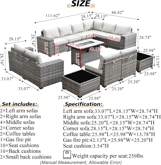 HOOOWOOO 13 Piece Modular Patio Outdoor Sectional Furniture Set with Gas Propane Fire Pit Table,Wicker Conversation Sofa Set,Out Door Couch Set with Wide Arm Outside(Beige)