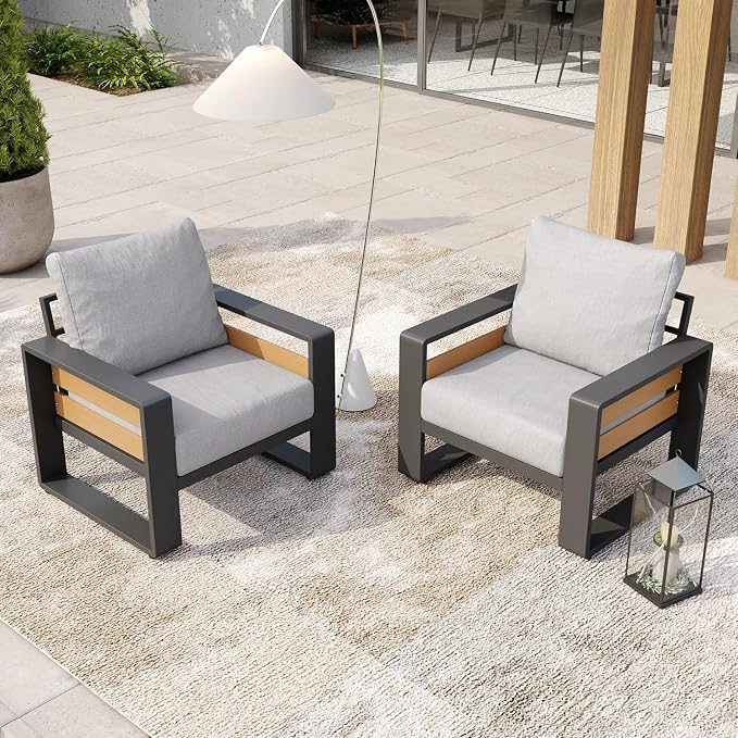 Aoxun Aluminum Patio Furniture Set, 2 Piece Luxury Outdoor Sectional with 6" Olefin Fabric Cushions, Patio Conversation Sets with Coffee Table Outdoor Sofas for Backyard, Porch Light Grey