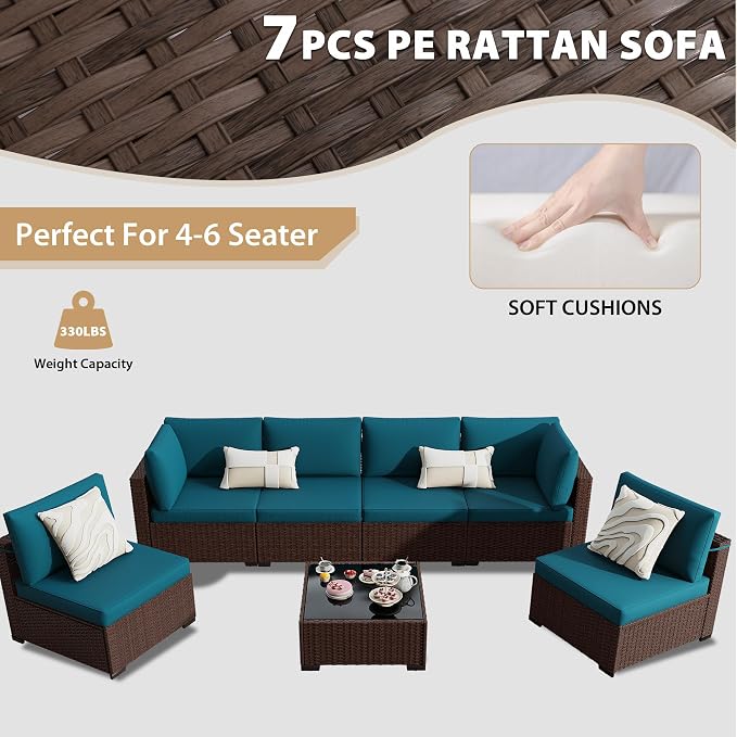 KIGOTY Patio Furniture Set,7 Pieces Modular Outdoor Sectional Sofa, PE Rattan Patio Conversation Set, All Weather Wicker Patio Furniture with Cushions and Coffee Table（Brown/Peacock Blue）