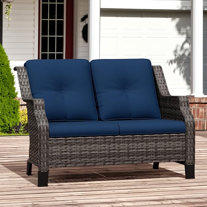 Outdoor Patio Loveseat, All-Weather 2-Seater Wicker Loveseat with Cushions, Outdoor Patio Love Seat Sofa for Garden, Balcony and Deck