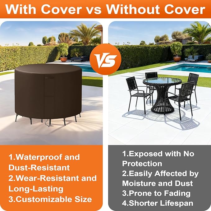 58"(D) x 38"(H) Round Outdoor Furniture Cover, Custom Heavy Duty 420D Waterproof Patio Furniture Cover with Drawstring & Buckles for Table Chair Garden, Coffee