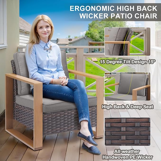 Belord Full 4 Pieces Patio Furniture Set with 41” Propane Fire Pit Table, Outdoor Conversation Set with Patio Chairs Set of 2 and Rattan Sofa for Deck Backyard