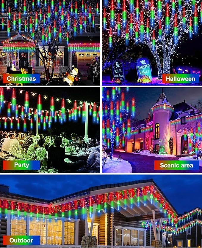 Meteor Shower Rain Lights 12 in 10 Tubes Drop Icicle Snow Falling Raindrop Cascading Light for Wedding Party Christmas Light Outdoor, Shine Colorful