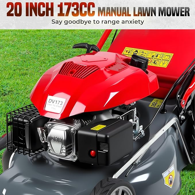 Self Propelled Gas Lawn Mower 20-Inch with 60L Grass Bag - 173cc Gas Powered Engine for Hills & Thick Grass 3-in-1 Mulch/Bag/Side-Discharge, Rear Wheel Drive for Uneven Yards