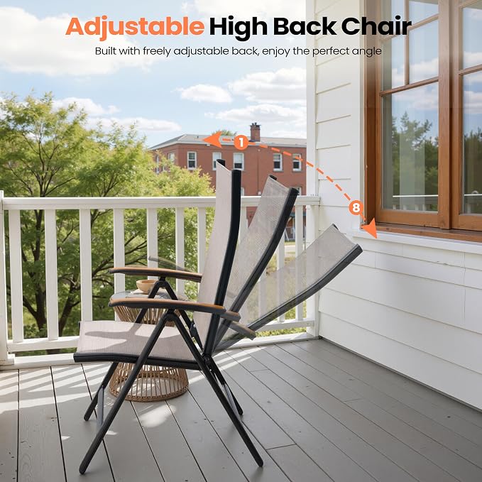 Pellebant 2 Pieces Aluminum Outdoor Dining Chairs, Patio Foldable Adjustable Backrest Armchairs, Weather Resistant Outdoor Furniture Set for Deck Porch & Backyard