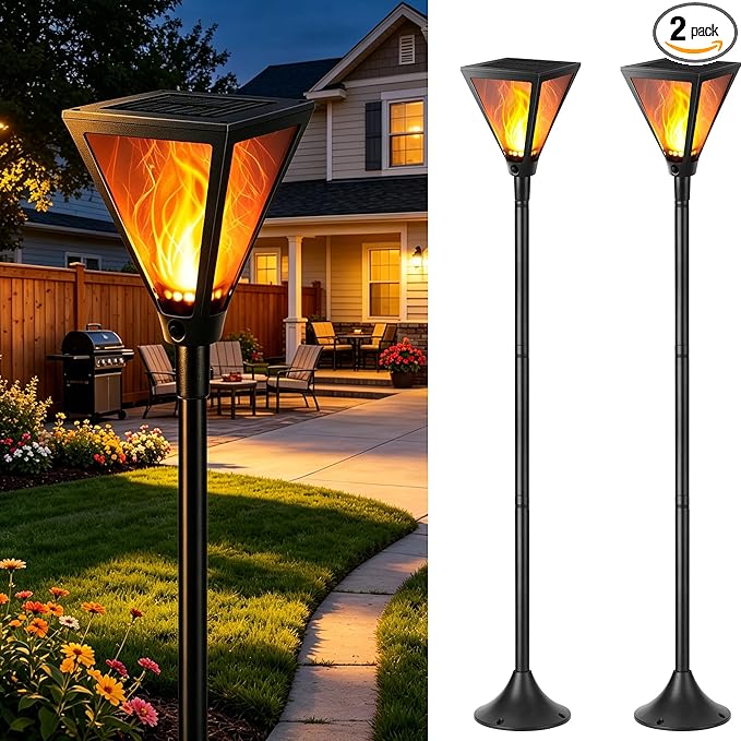 iBaycon 2 Pack 54" Solar Flame Post Lights, Flickering Flame Solar Lamp Post Lights Outdoor Waterproof for Yard Lawn Patio Decor