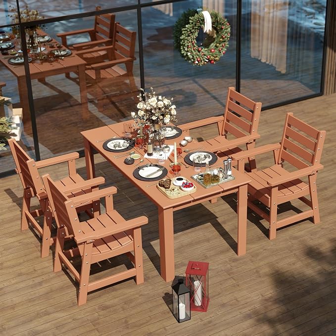 IVY&LANE Outdoor 5-Piece Dining Set for 4 | HDPE | 67’’ Rectangle Table and Chairs | Patio Furniture Sets | All Weather | Umbrella Hole | Teak | for Poolside Lawn Garden Backyard