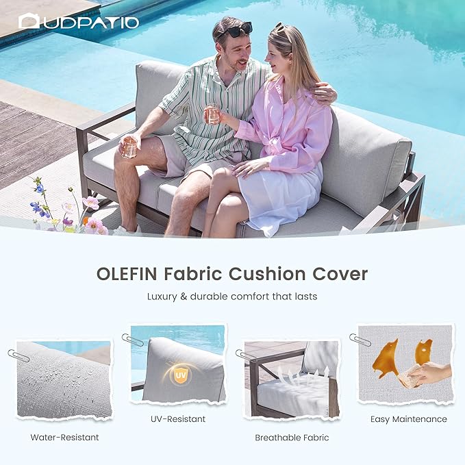 UDPATIO Aluminum Patio Furniture Set, Faux Wood Grain Modern Outdoor Furniture, 6" Cushions Metal Patio Conversation Sofa with Coffee Table for Poolside Deck, 8 PCS, Beige(Include 600D Covers)