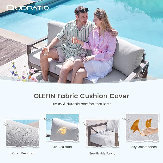 UDPATIO Aluminum Patio Furniture Set, Faux Wood Grain Modern Outdoor Furniture, 6" Cushions Metal Patio Conversation Sofa with Coffee Table for Poolside Deck, 7 PCS, Beige(Include 600D Covers)