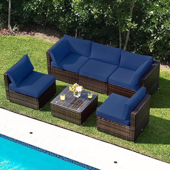 Tangkula 6 Pieces Patio Furniture Set, Outdoor Wicker Conversation Set with Glass Coffee Table, Wicker Sofa Set with Back & Seat Cushions, Rattan Sectional Conversation Set for Backyard Garden