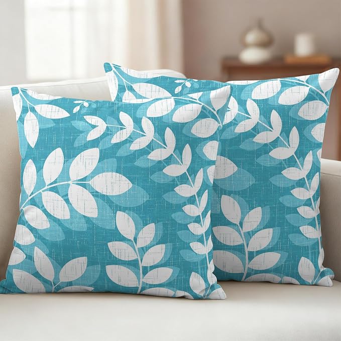 Teal Cyan Leaves Outdoor Waterproof Throw Pillow Covers 16x16 Set of 2, Farmhouse Botanical Branch Vintage Boho Leaf Decorative Pillowcases Cushion Pillowcase for Couch Sofa Patio Pillow Protector