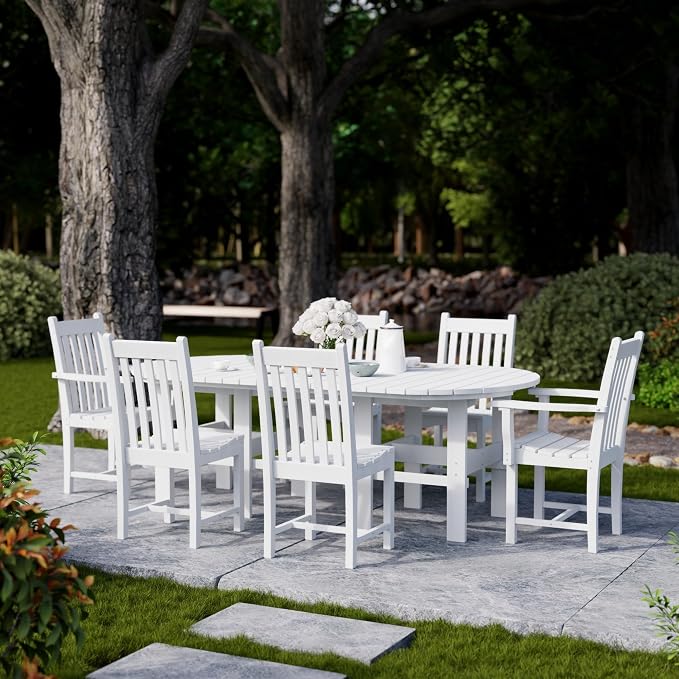 Wildridge Classic 7-Piece 44"x84" Dining Set, White - Outdoor Weather Resistant Recycled Plastic Furniture for Patio