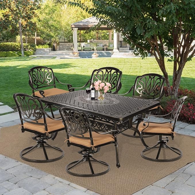 MEETWARM 7-Piece Outdoor Patio Dining Set, All-Weather Cast Aluminum Patio Conversation Set for Backyard Garden Deck with 6 Cushioned Swivel Rocker Chairs, 1 Rectangular Table, 2" Umbrella Hole