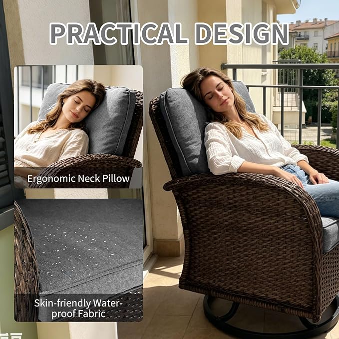 Outdoor Swivel Rocker Patio Chairs (Brown Wicker/Grey Cushion, 7PC/Sofa & Swivel &2 Table & Ottomans)