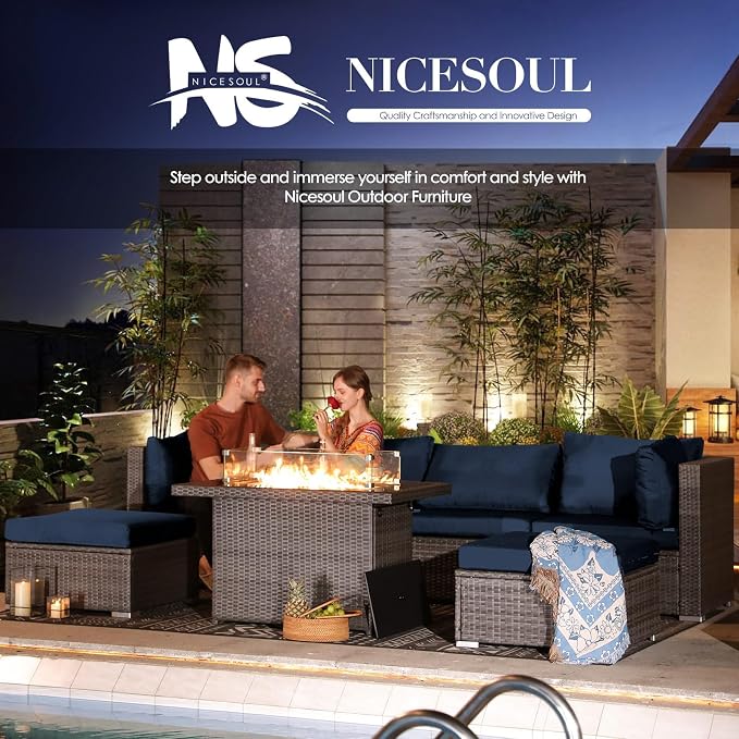 NICESOUL 13 Piece L-Shaped Outdoor Furniture Conversation with Fireplace Natural Gas/Propane, 29.3'' High Back Oversized Rattan Sofa Couch, Wide Deep Seated Patio Sectional, 2 Color Cushion Navy&Grey