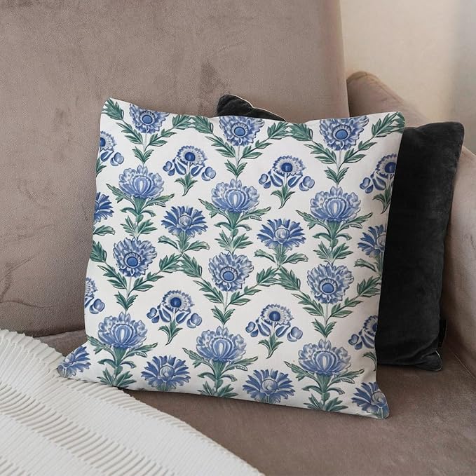 Mughal Flower Cushion Cases Blue Lotus Floral Cushion Cases 24x24 INRetro Accent Farmhouse Decor Pillow for Sofa Patio Couch