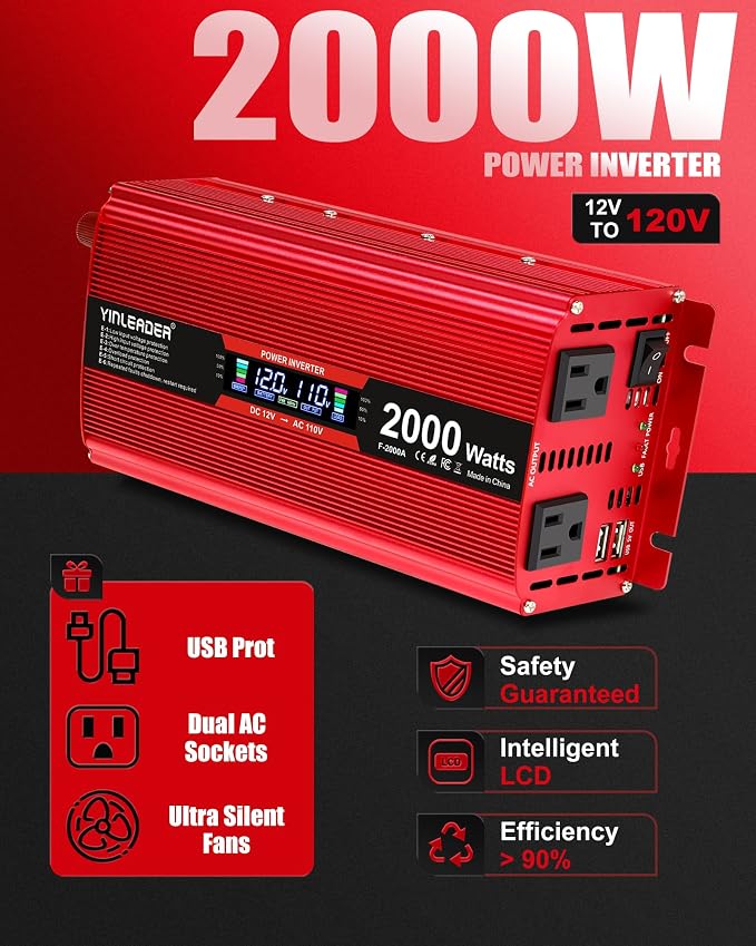 2000 watt Inverter 12V to 110V/120V, dc to ac Inverter 2000W Car Converter with Intelligent LCD Display Dual AC Outlets Dual USB Charging Port for RV Truck Laptop
