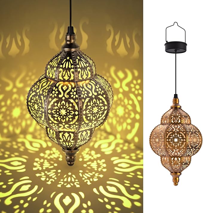 Hapjoy Hanging Solar Lights Outdoor Garden Decor Solar Lantern Waterproof Plastic Moroccan Outdoor Decorations for Patio Pathway Yard Backyard Garden Decorative (1 Pack, Bronze)