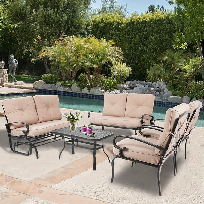 5Pcs Patio Conversation Set Outdoor Wrought Iron Furniture Set with 1 Glider,1 Loveseat, 2 Single Chairs, and Coffee Table, for Courtyard, Garden, Backyard(Brown)