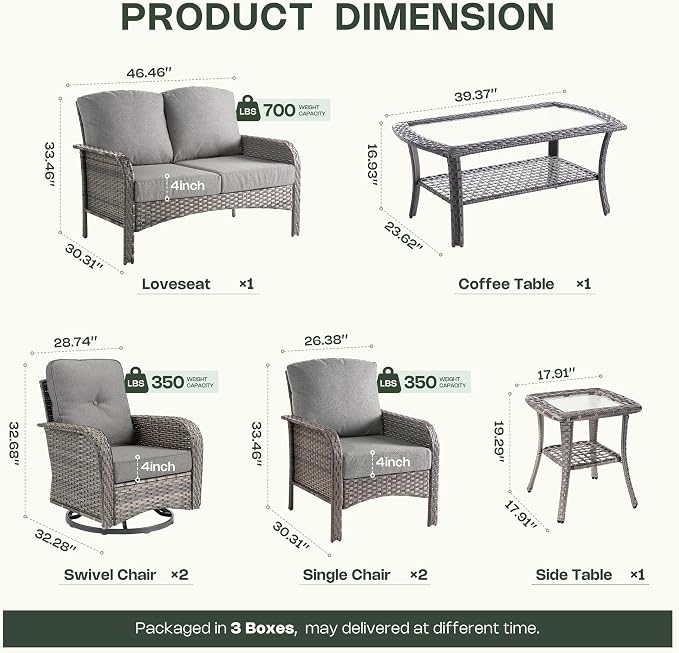 7-Piece Patio Furniture Set, Outdoor Wicker Furniture with Coffee Table, High Back Swivel Rocker Patio Chairs, Modern Rattan Outdoor Chairs Conversation Set for Porch, Balcony, Garden, Dark Gray