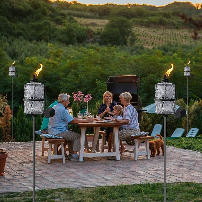4 Pack Gray Glass Garden Torch ,60-Inch Outdoor Torch Garden Décor, Upgraded 12 oz Citronella Torches with 3-Prong Grounded Stake,Metal Light Torches for Party Patio Pathway