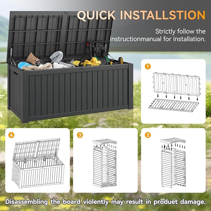 KAMABOKO Outdoor Storage Box, 230 Gallon Large Outdoor Resin Deck Box, Storage Waterproof Boxes Lockable Lid for Garden Tools, Pool Supplies, Patio Furniture and Cushions, Black