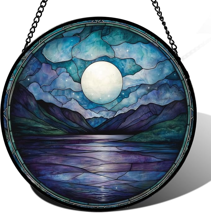 DASTOLL Stained Glass Window Hanging, Blue Night Moon Lake Sun Catchers Colorful Glass Panel Landscape Suncatcher Decor for Birthday for Women, Men, Wife, Aunt, and Mom 14.9x14.9 in