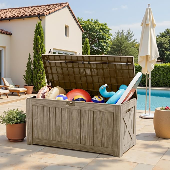 Greesum Outdoor Storage Box 120 Gallon Storage Bin with Lid for Patio Furniture, Garden Tools, Pool Supplies, Lockable, Waterproof and UV Resistant, Coffee