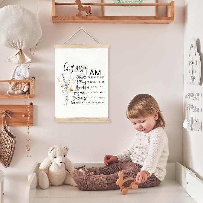 FDHSPAAM God Says I Am Christian Wall Art Decor, Bible Verses Wall Decorations, Inspirational Floral Religious Scripture Wall Art Posters for Home Bedroom Living Room Office Church, 12x16 Inch