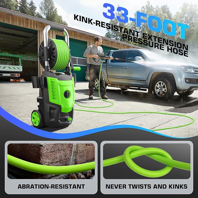 4800PSI Electric Pressure Washer- 3.8GPM High Power Washer with 33FT Hose Reel, 4 Spray Tips and Soap Bottle for Car Washing, Fence Cleaning, Patio Maintenance（Upgraded） (Green)