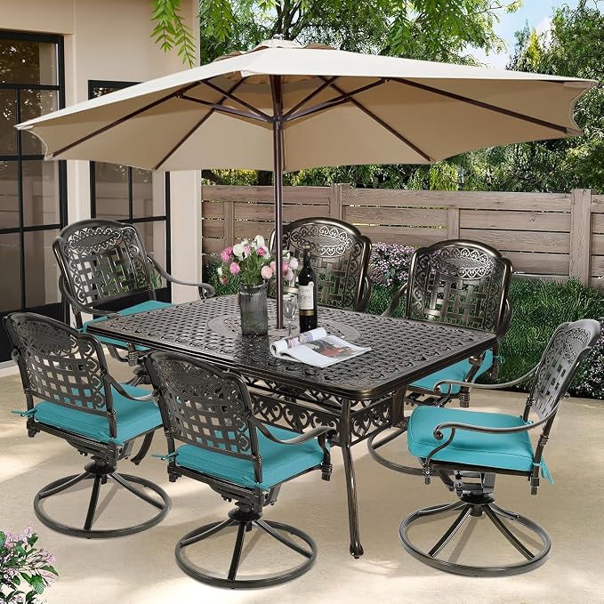 7-Piece Outdoor Patio Dining Set, 60” Rectangular Cast Aluminum Dining Table with Umbrella Hole and 6 Cushioned Swivel Rocker Chairs, Patio Funiture Set for Backyard, Patio, Garden, Blue