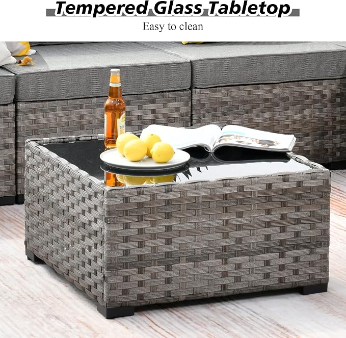 HOOOWOOO Outdoor Patio Sectional Furniture Sofa Set with Propane Gas Fire Pit Table,9 Piece Modern Wicker Couch with Swivel Chair,Modular L Shaped Conversation Seating Set with Wide Arm(Dark Grey)