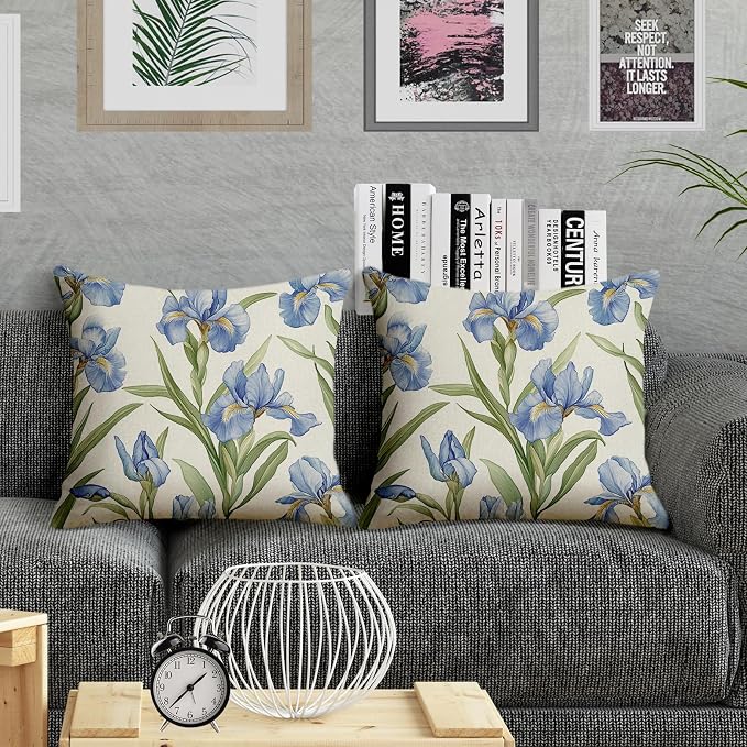 Outdoor Waterproof Throw Pillow Covers 20x20 inch Set of 2 Blue Floral Pillow Cases Irises Flower Decorative Cushion Covers for Patio Garden Balcony