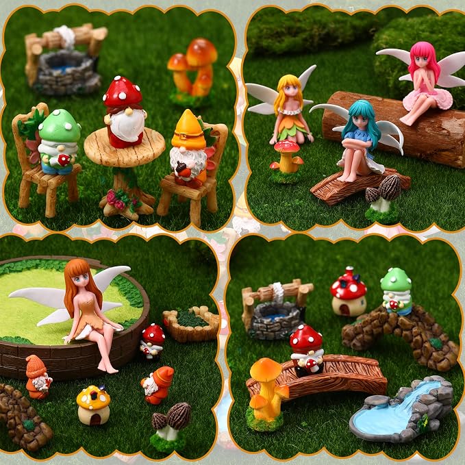 29Pcs Fairy Garden Accessories, Miniature Garden Ornaments Landscape Decorations Mini Fairy Figures Gnome Figure Animal Plant Furniture Set for DIY Terrarium Potted Plants Dollhouse Desk Decor