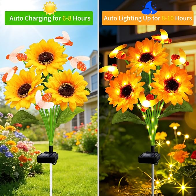 Kohlrabi Solar Garden Lights-4 Pack Solar Sunflowers with Swaying Bees, Gifts for Mom Women Mothers Day Birthday, Waterproof Sunflower Light for Outdoor Patio Yard Decor