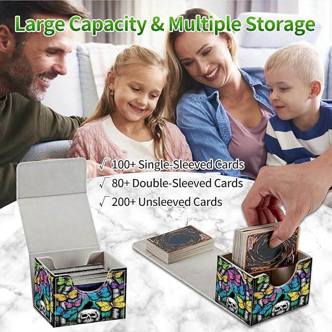 Card Deck Box for MTG, Cards Storage Box Fits 120+ Sleeved, Leather Small Size Strong Magnetic Closing Card Case for Board Games Magic TCG CCG Baseball Collection, Woodgrain Butterfly